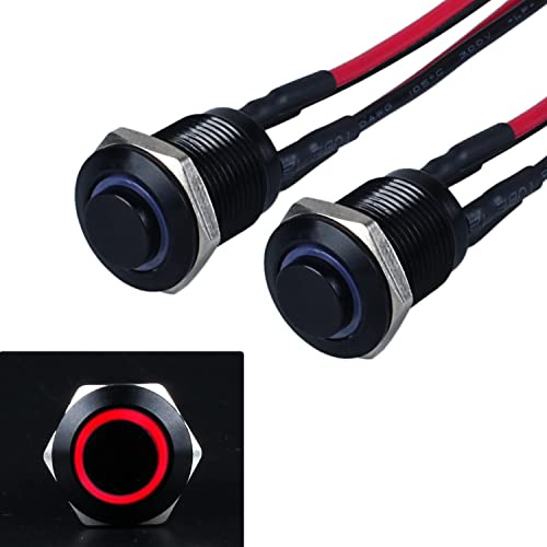 JIQI 2 interruttori a pressione momentanei da 12 mm, da 12 V a 24 V, 2 A, impermeabile, in metallo, IP66, 1NO, pulsante nero con luce LED, cavi di collegamento per moto (testa alta, rosso)