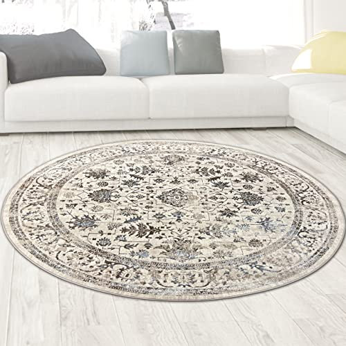 Dezenter Orientteppich mit Pflanzen Verzierungen & Ornamenten in Creme, 200 cm rund
