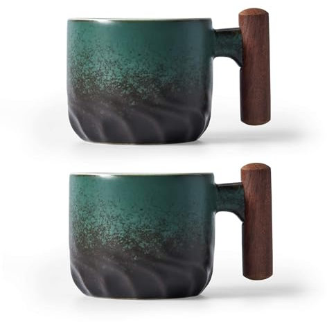 BlogBlog Ceramic Espresso Cups with Wooden Handle Espresso Shot Cups Ceramic Tea Cups Porcelain Demitasse Cups for Coffee or Tea, 3oz (green, 2)
