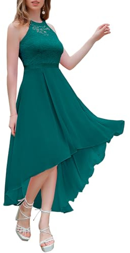 Wedtrend cocktailklänning dam elegant för bröllop hög låg elegant aftonklänning nackhållare chiffongklänning med spetsar, Påfågel grön, XS