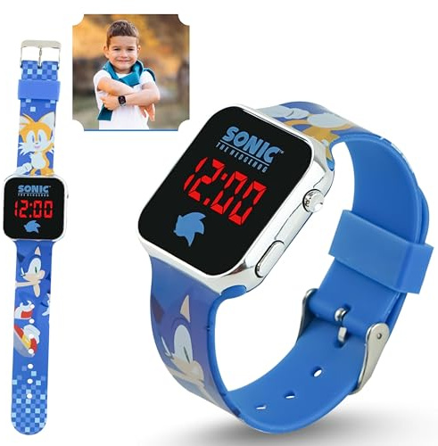 Montre-bracelet à LED Sonic Tails pour enfants - Affichage numérique - Montre légère - Calendrier - Date - Bracelet en silicone - Cadeau de Noël - 22 cm