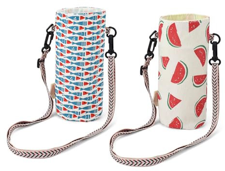 KLEHOPE Sac Isotherme Bouteille, 2 Pièces 18 × 12 cm Porte Bouteille Isotherme avec Bandoulière Réglable, Housse Gourde avec Impression Exquise pour Camping Alpinisme