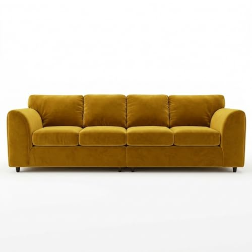 Gamzo 4 Seater Sofa with Plush Velvet Fabric – Stylish Durable Wooden Frame, Full Back Seating, Comfort Cushions & Smooth Curved Arms | Elegant Couch for Living Room (Mustard Yellow)