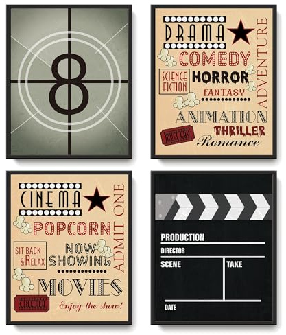 LARTSFRO Vintage Movie Room Wall Art Decor Posters, Retro Cinema Artwork Posters Wall Art Decor for Home Theater Media TV Room Bedroom Bathroom Dorm, 10x8 Inch Set of 4 Pcs Movie Pictures (UNFRAMED)