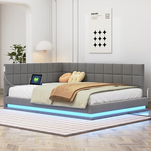 ZYLOYAL10 Stoppad bäddsoffa, 140 x 200, multifunktionssäng med LED-ljuslist, USB-uttag och ribbotten, hudvänligt sammetstyg, grå