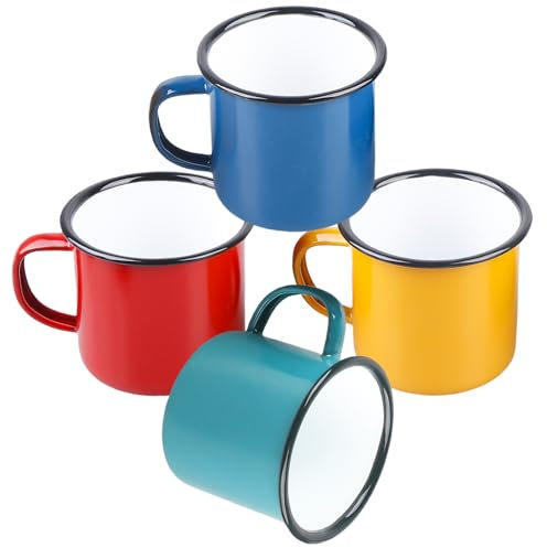 Emaille Tasse 4er-Set, 350ml Mehrweg Kaffee-/Tee-/Trinkbecher, Gelb/Rot/Blau/Grün Kaffeebecher, Vintage Stil Porzellan Kaffeetassen Teetassen Set für Daheim Party Haus Büro oder Camping