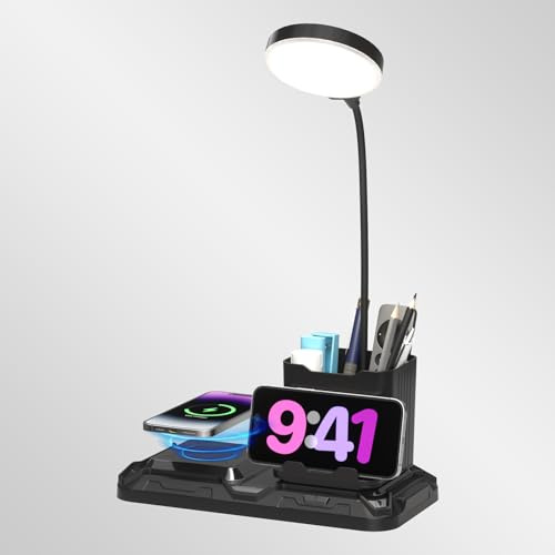 KDD Lampada da Scrivania con Ricarica Wireless, 4 in 1 Lampada da Comodino Rotante a 360° con Supporto Telefono e Portapenna, Regolabile a Doppia Modalità Lampada da Lettura per Scuola Casa (Nero)
