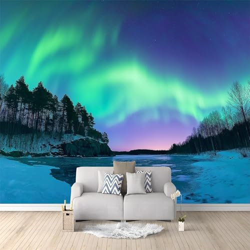 Papel tapiz fotográfico 200 x 140 cm Revestimiento de paredes decoración de salón Diseño Auroras Boreales Naturales para dormitorio, sala de estar, papel tapiz no tejido, Verde Morado