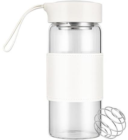 Yamobi Shaker Glas, 16 oz bicchiere per proteine senza BPA e inodore con setaccio integrato e sfera miscelatrice in acciaio inox 304 per fitness e frullati proteici, a prova di perdita (Bianco)