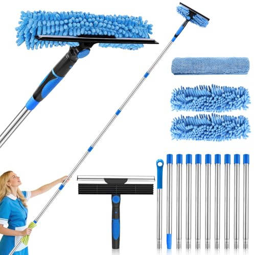Limpiador de ventanas con barra telescópica, limpiador de ventanas profesional con extractor de ventanas de silicona y microfibra, juego de limpieza de ventanas para baño, ducha, cristal, espejo