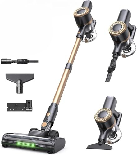 Lubluelu Akku Staubsauger Kabellos Leicht Leise Selbststehend Mit LED Anzeige, Starke Saugleistung Für Tierhaare, Teppiche, Hartböden Und Auto, Gold