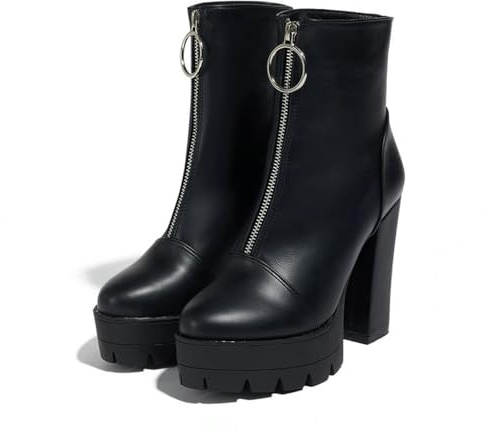 Bottines Chelsea à talons hauts confortables à bout rond pour femme avec fermeture éclair sur le devant, Noir , 41 EU