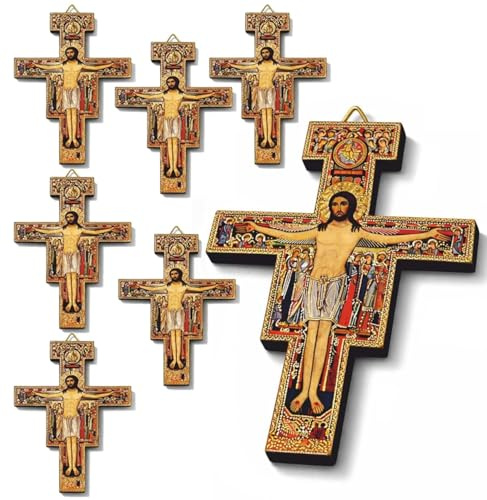 Regalami Set 6 Croci San Damiano 9x6 cm in Vero Legno – Prodotte ad Assisi, Dettagli Oro – Bomboniere Prima Comunione, Regalo Catechismo Bambini (6)