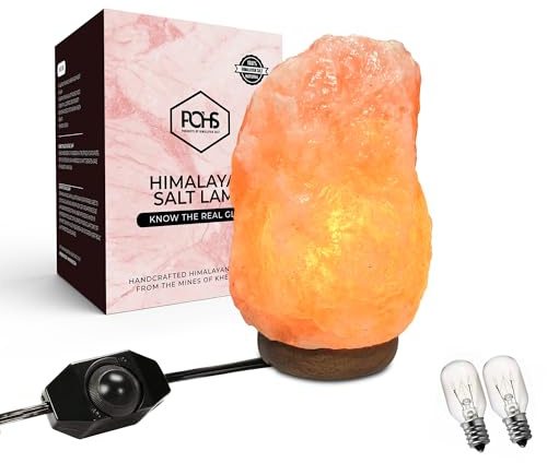 POHS 8-10 Inches (7-11 lb) 100% Authentic Himalayan Pink Salt Lamp – Handcrafted with Dimmable Switch, Wooden Base, and Bulb Replacement Included