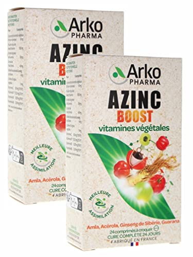 Arkopharma Azinc Boost Vitamines Végétales, Amia Acerola Ginseg de sibérie Guarana - 24 Comprimés à Croquer - Lot de 2 Boites de24 comprimés
