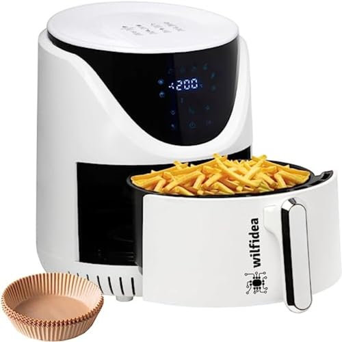 Friggitrice ad Aria Bianca L 4 Litri Air Fryer Risparmio Energetico Certificata Senza Olio con 11 Funzioni su LED Display Cestello Facile da Pulire Accessori friggitrice Carta da forno Inclusi