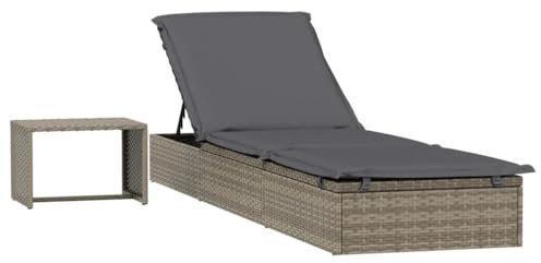 vidaXL Sonnenliege, Gartenliege Verstellbare Sitzfläche, Liegestuhl Liege mit Tisch, Relaxliege Strandliege Gartenmöbel, Grau Poly Rattan