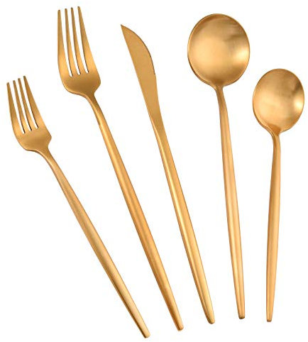 Quilamix Juego de cubertería que incluye cuchillo, tenedor, cuchara, cubiertos de acero inoxidable pulido, apto para lavavajillas, regalo para padres y amigos (20 unidades, dorado)