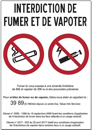 Autocollant Affichage Obligatoire - Sticker Adhésif Signalétique Laminé Plastifié Résistant à l'eau et aux UV - Interdiction Interdit de Fumer et Vapoter - H14.8 x L21 cm