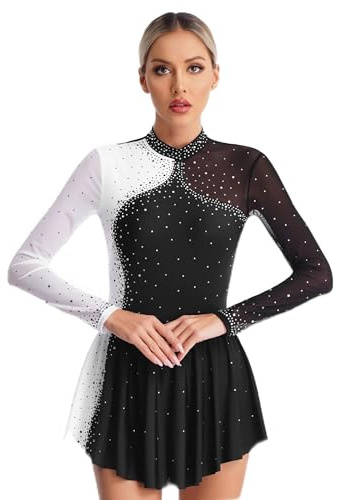 YiZYiF Abito da Pattinaggio Artistico Donna Body da Balletto Danza Maniche Lunghe Vestito da Ballo Body da Ginnastica Performance Nero H S