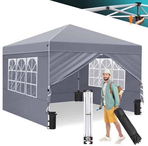 Ej.Victor Gazebo, One Push Pop up Gazebo with Sides 2.5m x 2.5m and Wheeled Bag, Heavy Duty Gazebo Waterproof & Sunproof, Perfect for Garden, Party,Camping, Hot Tub Grey