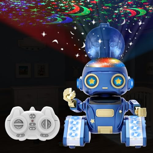Aikmi Robot Toys for Kids 5-7, Rechargeable Remote Control Robot with Projector Night Light for Kids, Gesture Sensor, Music, Toys for 6 Year Old Boys Girls Birthday Present Boy Toy (Blue)