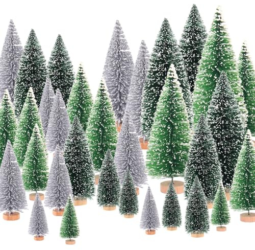 30Pcs Mini Christmas Trees - Artificial Christmas Tree Bottle Brush Trees with 5 Sizes, Snow Trees with Wooden Base for Christmas Party Home Table Craft Decor (Silver+Green+DarkGreen)