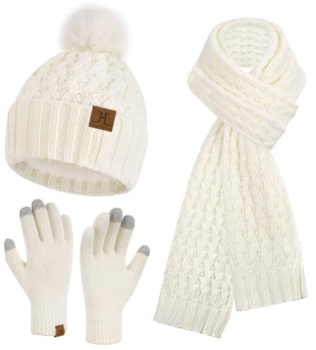 Winter Damen Mütze mit Bommel Lange Schal Touchscreen Handschuhe Set Warm Beanie Wintermütze Strickmütze Fleece Gefütterte Winterhandschuhe Schals für Damen Frauen Geschenk, Weiß