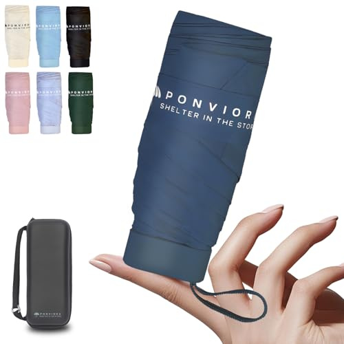Ponviora Compact Mini Windproof Travel Umbrella-UPF 50+ Sun & Rain Protection, Small Folding Design Fits in Pocket or Purse, Lightweight Portable with Case for Women, Men & Kids (Navy Blue)