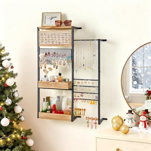 Pinzoveco Hanging Jewelry Organizer Wall Mounted, Large Hanging Jewelry Organizer Holder for Necklaces,Bracelest,Earrings,Rings,Watched,Makeup & Perfume (Black)