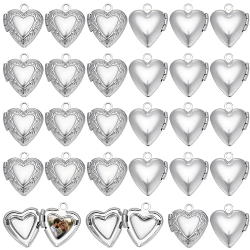 WEBEEDY 30 Pendentifs de Médaillons de Mémoire en Acier Inoxydable en Forme de Cœur Charmes de Médaillon Photo Argenté pour la Fabrication de Bijoux DIY Décorations de Noël et de la Saint Valentin.