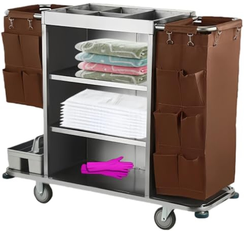 Carro Industrial para Hoteles, Carrito De Limpieza De Acero Inoxidable, con Bolsas De Tela Largas Y Cortas Y Ruedas, para Limpieza del Hogar,with Side Pockets