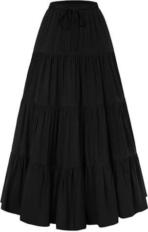SCARLET DARKNESS Women's Flowy Boho Maxi Skirts Elastic Waist Drawstring A-Line Skirt Renaissance Tiered Long Skirts with Pockets Black XXL