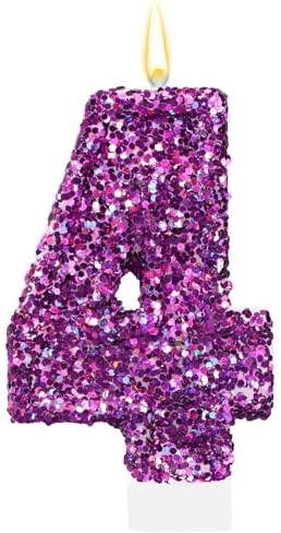 Cumpleaños Velas con Números Morados, Velas de Cumpleaños Morados con Purpurina Decoraciones Románticas Brillantes para Pasteles Artículos para Aniversarios y Bodas (Número 4)