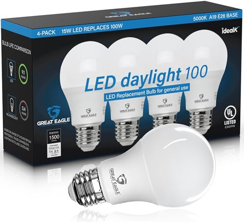 Great Eagle A19 LED Light Bulbs – 100W Equivalent (15W), Daylight 5000K, 1500 Lumens, Non-Dimmable, Energy-Saving 4-Pack