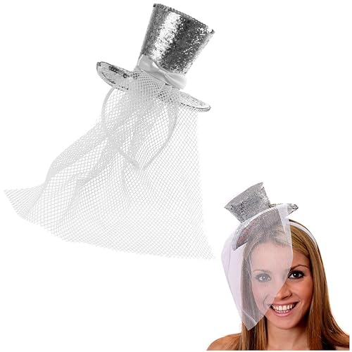 Chapeau haut-de-forme à paillettes pour femme – Lot de 1 – Mini chapeau haut de forme à paillettes argentées avec voile bibi assorti – Accessoire de déguisement pour femme pour Halloween Noël
