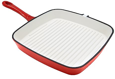 Blackmoor 67629 24cm Red Cast Iron Griddle Pan/Oven Proof Up to 260°C/Non-Stick Enamel Coating/Easy Grip Handle/Features Raised Ridges for Searing & Pouring Lip/Works On All Hob Types