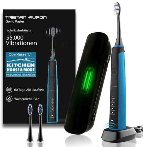 Tristan Auron Schallzahnbürste mit 55.000 Vibrationen - 60 Tage Akku - 5 Modi - 2 Min. Timer + inkl. UV Reiseetui und 2 Bürstenköpfe - Elektrische Zahnbürste SonicMaster blau