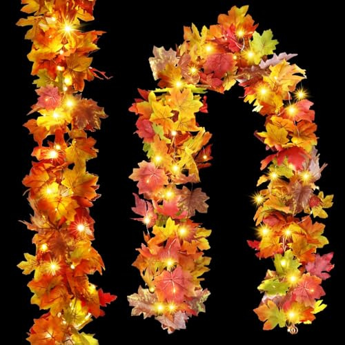2Pack Guirlande d'automne Lumineuse, Decoration Automne Guirlande mit Led,180cm/pcs Gugirlande de Feuilles d'automne, Décoration Halloween Noel Cheminée Thanksgiving avec 2024 Boîtier de Pile Amélioré