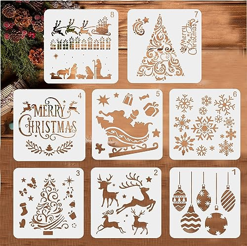 8 Stück Schablonen Weihnachten, BTORER Wiederverwendbarer Zeichenschablonen Malschablonen aus Kunststoff, Christmas Stencil für Scrapbooking Fotoalbum, DIY Weihnachtsdekoration Papier Karte Deko
