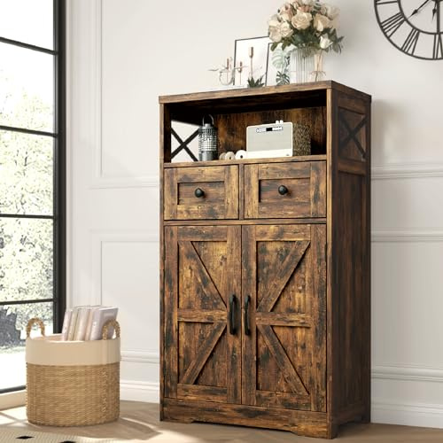 Befrases Farmhouse Storage Cabinet with Drawers and Shelves, Kitchen Pantry Storage Cabinet, Floor Hutch Cupboard for Dining Living Room Home Office, Rustic Brown
