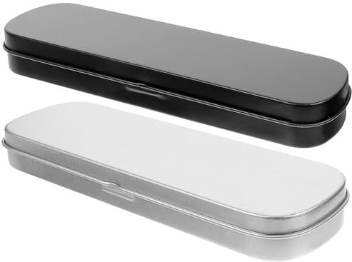VILLCASE 2pcs Portable Metal Pencil Box, Metal Hinged Tin Pencil Case, Gift Box for Pens and Makeup Brushes (Silver and Black)