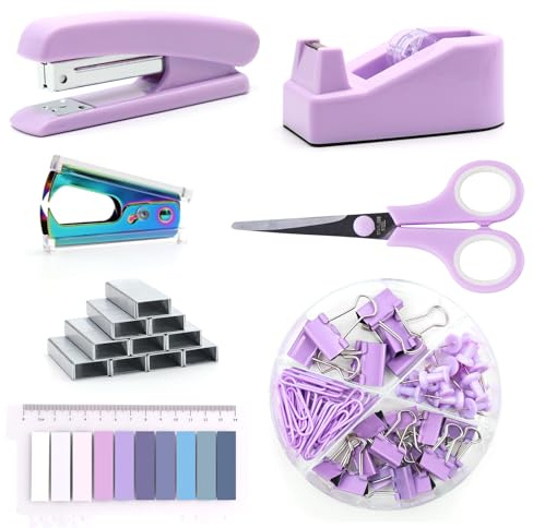 Lila Bürobedarf, LilaSchreibtischzubehör, Hefter und Klebebandabroller-Set für Frauen mit Hefter, Klebebandabroller, Heftklammerentferner, Heftklammern, Clips, Schere und Tabs, Geschenk für