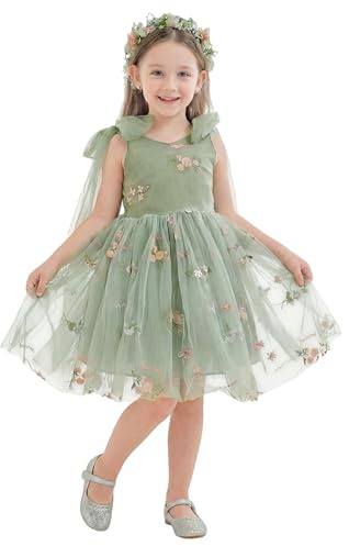 LalaMira Flower Girl Dress Floral Embroidered Toddler Girls Dresses Fairy Tulle Dress for Wedding Birthday Party Photo Shoot Sage Green-6Y
