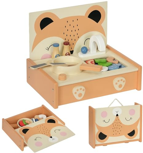 AIYAPLAY Mini-Cuisine en Bois Cuisine Enfant Motif Renard Jouet d'imitation pour Enfant avec 12 Accessoires poêle spatule Condiments Fruits légumes - pour 3-5 Ans