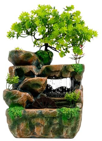 MINRS Zimmerbrunnen Wasserfall, Tischbrunnen mit Led Beleuchtung Grüne Pflanze Brunnen Table Indoor Fountain Deko Tischbrunnen Wasserfall, für Platzierung Wohnzimmer, büro 18 x 15 x 30cm