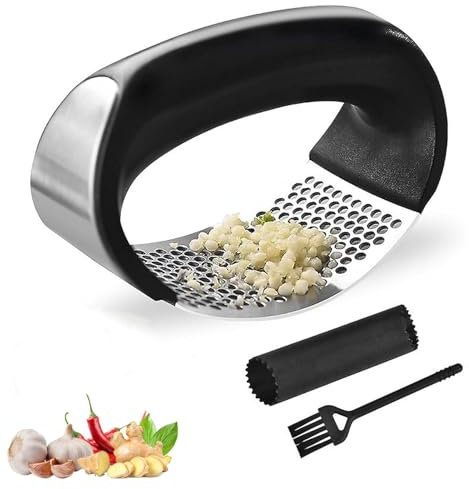 Kitchen Garlic Press Rocker - 304 Stainless Steel with Ergonomic Handle, Garlic Mincer & Slicer with Cleaning Brush & Silicone Peeler