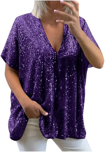 Haut à paillettes pour femme - Tendance - Décontracté - Paillettes - Sexy - Col en V - Couleur unie - Chemisier scintillant - Manches longues - Tunique - T-shirt brillant - Grande taille, #03 Violet,