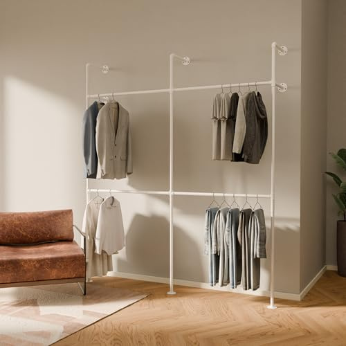 pamo Appendiabiti da Parete Bianco – 201x222x32 cm, fino a 360 kg | guardaroba aperto o porta abiti bianco con tubi d’acqua per casa e per camera da letto