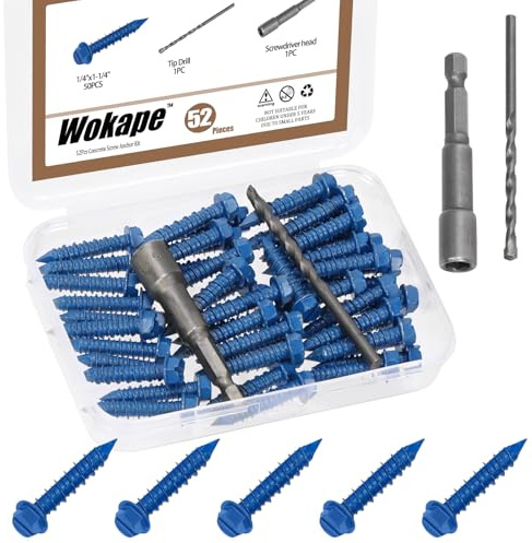 Wokape 52 pièces 1/4« x 1-1/4 » Kit d'ancrage à vis à béton hexagonales à fente, vis hexagonales à fente bleues avec foret et douille hexagonale Vis à béton à tête hexagonale à rondelle diamantée